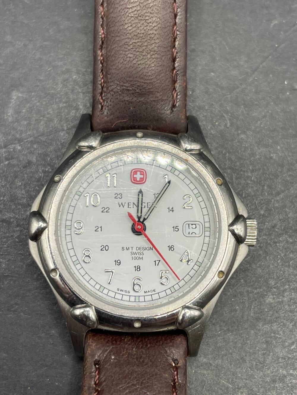 VTG Wenger Swiss Quartz Watch Women 100m Silver Stainless Steel Date Brown Band